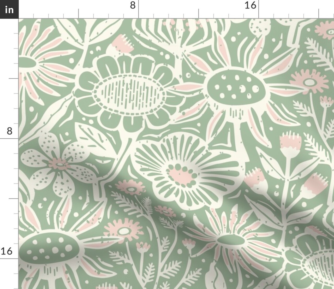Green Floral Pink Botanical Summer Scandinavian Block Print Farmhouse Cottagecore Wildflowers Custom Printed Fabric by Spoonflower Various Fabrics by the Yard or Fat Quarter